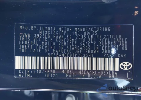 2026 Toyota Corolla Le z USA, uszkodzony, nr VIN 5YFB4MDE9TP363594